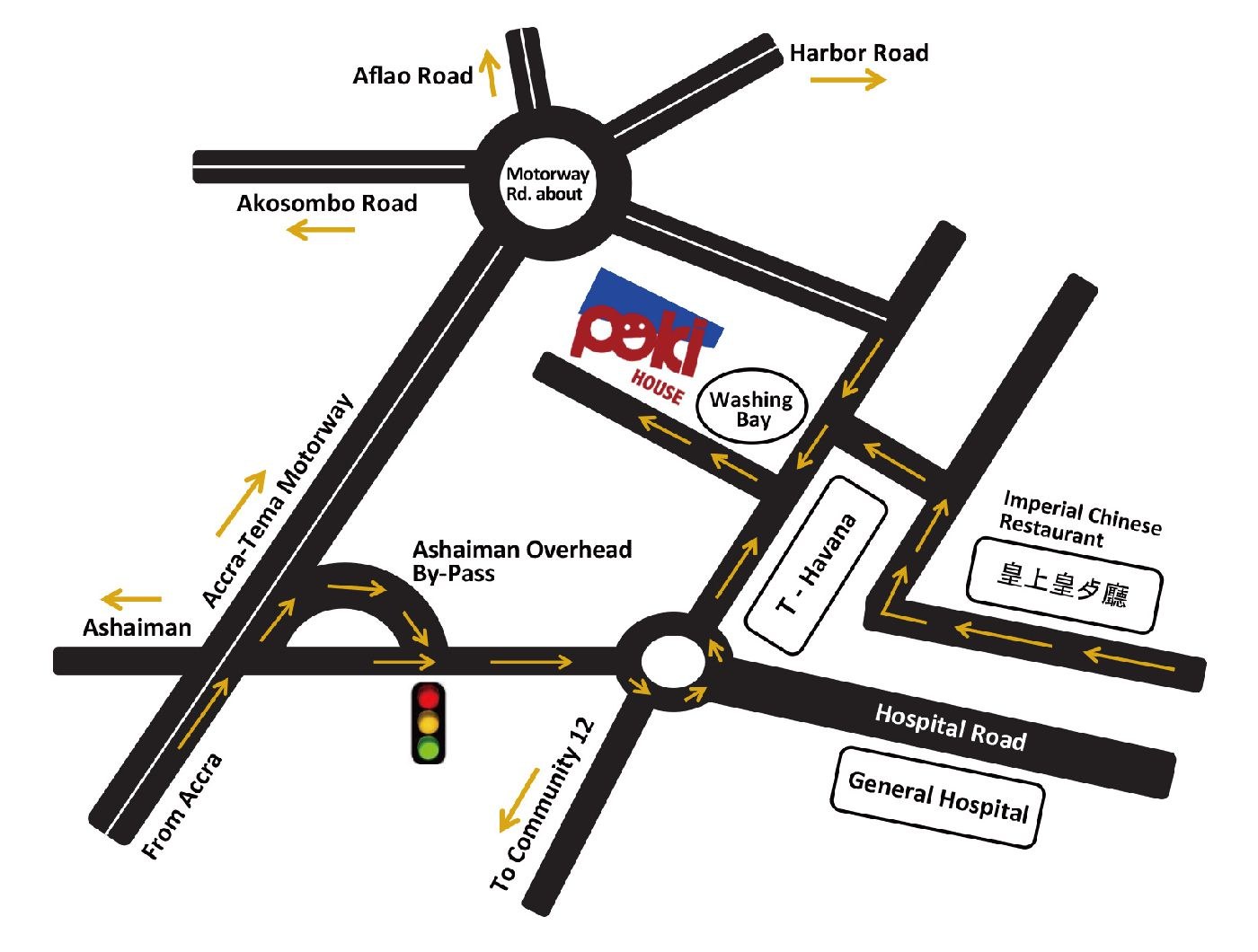 Hand-drawn directions to Poki House from the Accra–Tema Motorway